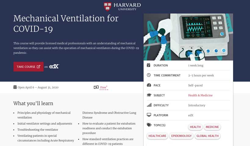 Harvard S Credit Bearing Free Course On Mechanical Ventilators Has Attracted 170 000 Learners In Two Weeks Ibl News